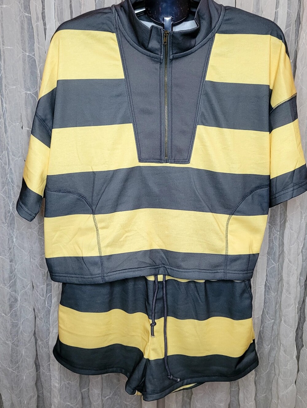LovLov 2 Piece Set Yellow Grey Rugby Striped Half Zip Shorts Lounge L - Picture 5 of 12